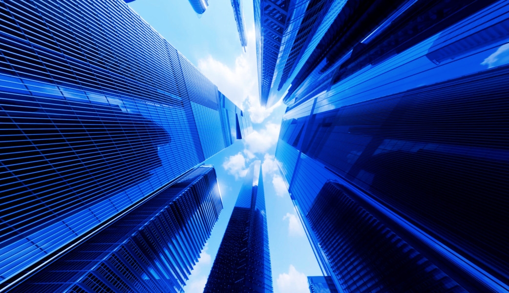 Modern glass skyscrapers viewed from below